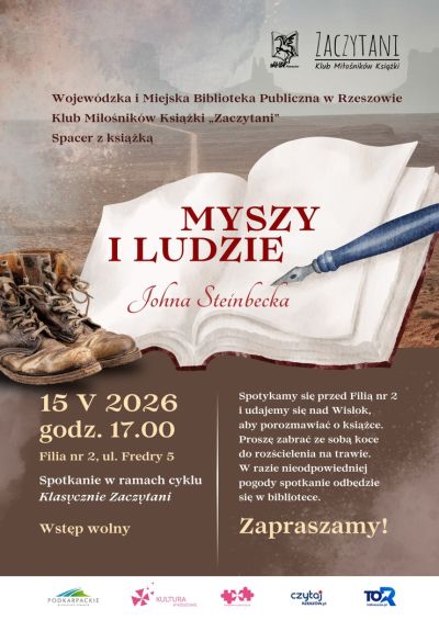 Grafika promująca spacer i rozmowę o książce Myszy i ludzie